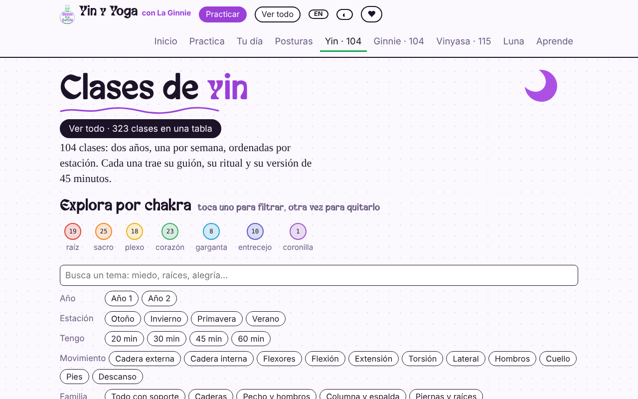 Clases de yin filtradas por chakra, estación y tiempo
